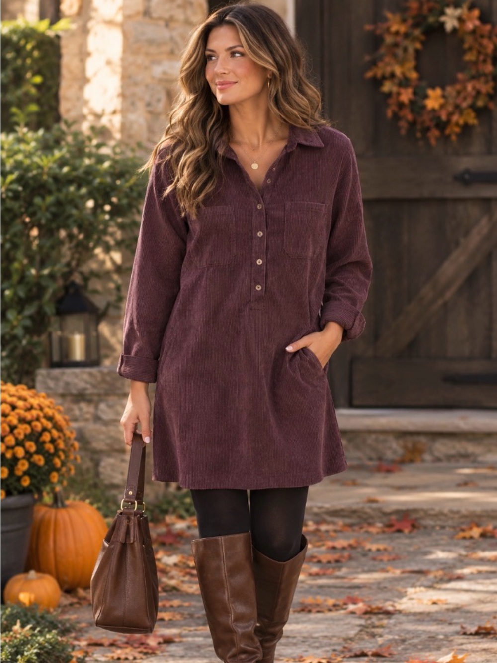 0039 Italy Marisa Corduroy Shirt Dress L Plum NWT Button Popover Luxury Minimal